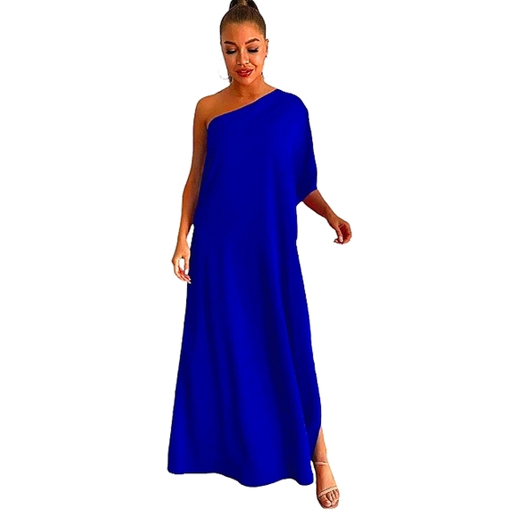 BEAUTIFUL ONE SHOULDER COBALT BLUE GODDESS GREEK STYLE DRESS NWOT - Picture 5 of 12